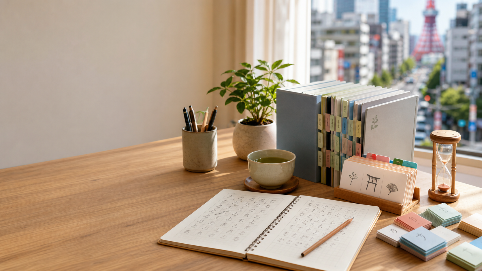 Japanese study desk with flashcards and notebooks